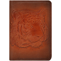 Обложка для паспорта Кожевенная мануфактура 'Тигр', светло-коричневый, в деревянной упаковке