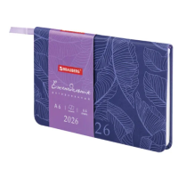 Еженедельник датированный 2026 МАЛЫЙ ФОРМАТ 95х155 мм, А6, BRAUBERG 'Foliage', под кожу, сиреневый,