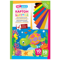 Картон цветной A4, ArtSpace, 10л., 10цв., 'Волшебный'(золото,серебро), мелов. в папке, 'Черепашка'