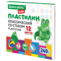 Пластилин классический BRAUBERG 'KIDS', 12 цветов, 240 г, стек, ВЫСШЕЕ КАЧЕСТВО,106436