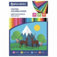 Цветная бумага, А4, мелованная, 24 листа, 24 цвета, на скобе, BRAUBERG ЭКО, 200х280 мм, 'Природа', 1