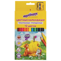 Карандаши цветные утолщенные ЮНЛАНДИЯ 'СКАЗОЧНЫЙ МИР', 12 цветов, трехгранные, с ТОЧИЛКОЙ, 181370