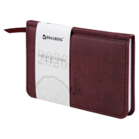 Еженедельник датированный 2026 МАЛЫЙ ФОРМАТ 95х155 мм, А6, BRAUBERG 'Wood', под кожу, бордо, 117196