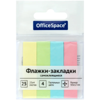 Клейкие закладки бумажные Officespace 50х12мм, 4 пастельных цввета по 25 листов