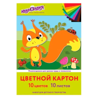 Картон цветной А4 немелованный, 10 листов, 10 цветов, в папке, ЮНЛАНДИЯ, 200х290 мм, 'Бельчонок', 11