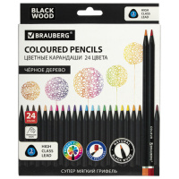 Набор цветных карандашей Brauberg Black Wood 24 цвета, трехгранный корпус, грифель мягкий 3мм