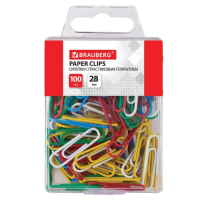 Скрепки канцелярские Brauberg 28мм, овальные, 100шт/уп, пластиковая коробка