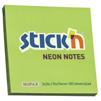 Блок для записей с клейким краем Stick'n зеленый, неон, 76х76мм, 100 листов
