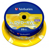 Диск DVD+RW Verbatim 4.7Gb, 4х, Cake Box, 25шт/уп