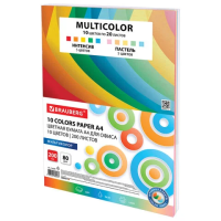 Бумага цветная 10 цветов BRAUBERG 'MULTICOLOR', А4, 80 г/м2, 200 л. (10 цветов x 20 листов), 114209