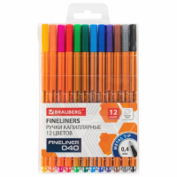 Набор ручек капиллярных Brauberg Fine 040 12 цветов, 0.4мм, оранжевый корпус