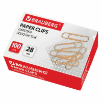 Скрепки канцелярские Brauberg 28мм, золотистые, 100 шт/уп