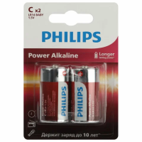 Батарейки алкалиновые КОМПЛЕКТ 2 шт., PHILIPS Power Alkaline, C (LR14, 14А), блистер, Б0062687