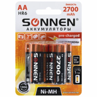 Батарейки аккумуляторные Ni-Mh пальчиковые КОМПЛЕКТ 6 шт., АА (HR6) 2700 mAh, SONNEN, 455608