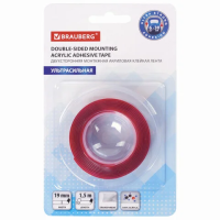 Монтажная прозрачная суперпрочная двухсторонняя лента 19 мм х 1,5 м, акриловая, 1 мм, BRAUBERG, 6064