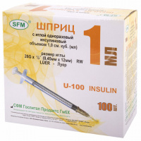 Шприцы одноразовые Sfm инсулиновые 1мл, U-100 игла 0,45х12 мм - 26G, 100шт, коробка