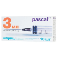 Шприцы одноразовые Pascal 3-х компонентные 3мл, игла 0,7х40 - 22G, 10шт, коробка