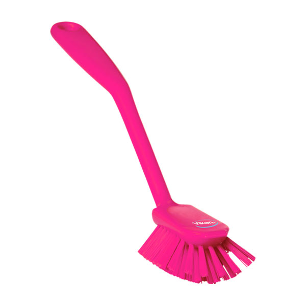фото: Щетка Vikan 42371 28см, средний ворс, розовая, со скребком для мытья посуды