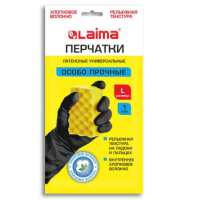 Перчатки МНОГОРАЗОВЫЕ латексные LAIMA, с ХЛОПКОВЫМ ВОЛОКНОМ, черные, размер L (большой), вес 60 г, 7