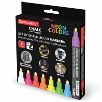 Маркеры меловые CHALK LIQUID MARKER, НЕОН, НАБОР 8 ЦВЕТОВ, 3 мм, стираемые, BRAUBERG 'CHALK', 152597