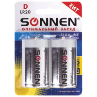 Батарейка Sonnen D LR20, 1.5В, алкалиновая, 2шт/уп