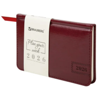 Еженедельник датированный 2026, МАЛЫЙ ФОРМАТ 95х155 мм, А6, BRAUBERG 'Imperial', под кожу, бордо, 11