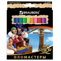 Фломастеры для рисования Brauberg Pirates 12 цветов, смываемые, картон с золотистым тиснением